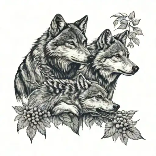 two wolves guarding a raccoon that is eating berries tattoo design idea
