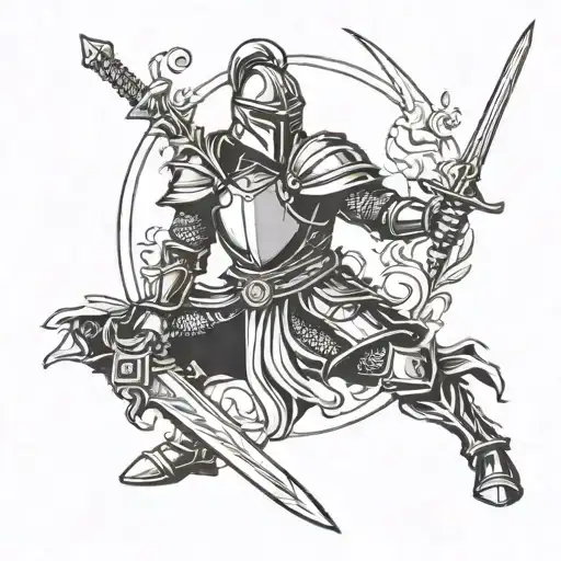 Knight holding a sword in a ready stance fighting linear  tattoo design idea