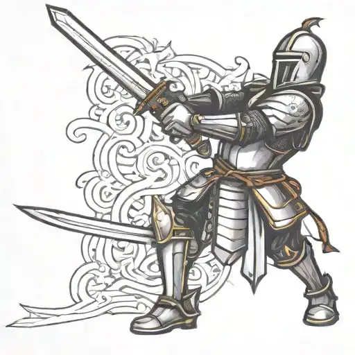 Knight holding a sword in a ready stance fighting linear  tattoo design idea