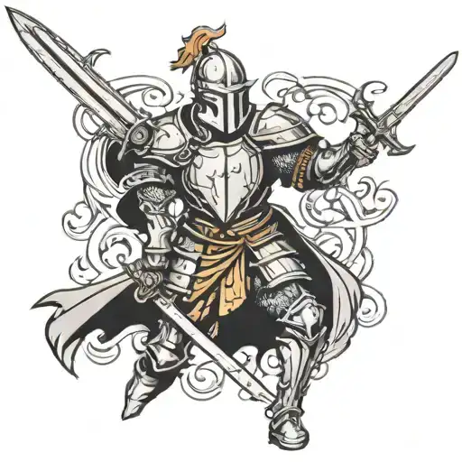 Knight holding a sword in a ready stance fighting tattoo design idea