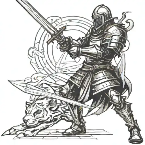 Knight holding a sword in a ready stance fighting linear  tattoo design idea