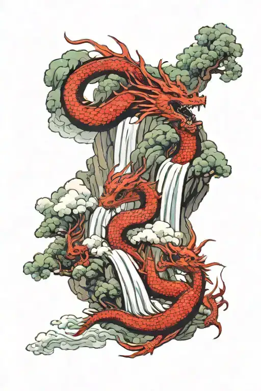 Red dragon in a forest with a waterfall flowing and clouds half sleeve tattoo design idea