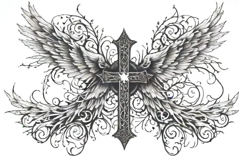 Angel wings across the entire width of the back, a cross in the middle at the level of the spine. Thorns if possible. tattoo design idea