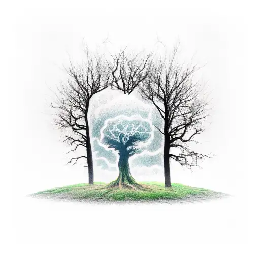 a forearm tattoo of a tree with big roots and a tornado in the background tattoo design idea