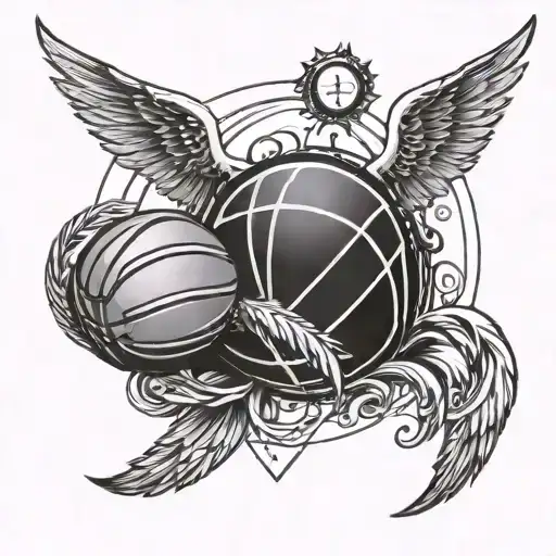 A basketball with wings and a halo, representing the client's love for the sport and adding a touch of angelic symbolism tattoo design idea