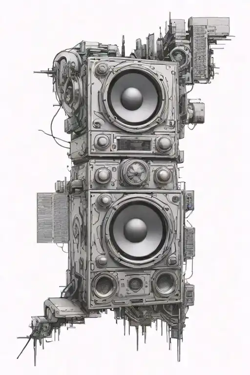 Create a futuristic cityscape with a massive Martin audio speaker as the focal point tattoo design idea