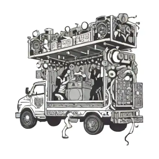 An intricate design of a party scene inside a detailed sound system truck, with DJ booth and dancing crowd tattoo design idea