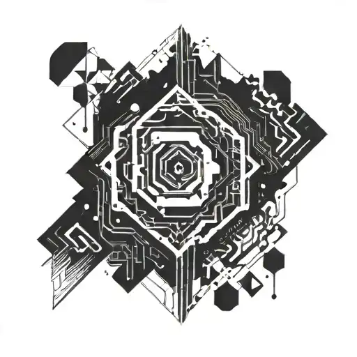 Integrate abstract geometric shapes inspired by techno music visuals with hidden Martin audio logos tattoo design idea