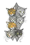 3 cat heads in a waffle cone melting with circles intertwined within tattoo design idea