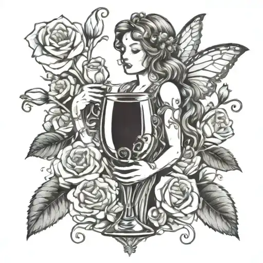 A dotwork design of a fairy holding a glass of wine surrounded by blooming roses tattoo design idea