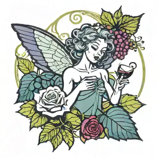 A fairy with wings made of vineyard leaves and grapes, holding a rose in one hand and a glass of wine in the other tattoo design idea