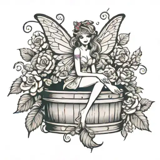 A traditional tattoo design of a fairy sitting on a wine barrel, surrounded by roses and vineyard vines tattoo design idea