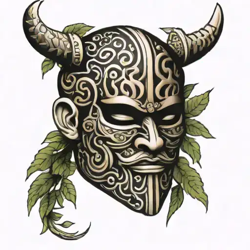 tattoo with the tree of life japanese mask and viking signs tattoo design idea