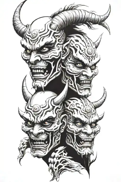 twins face with oni mask split in half tattoo design idea