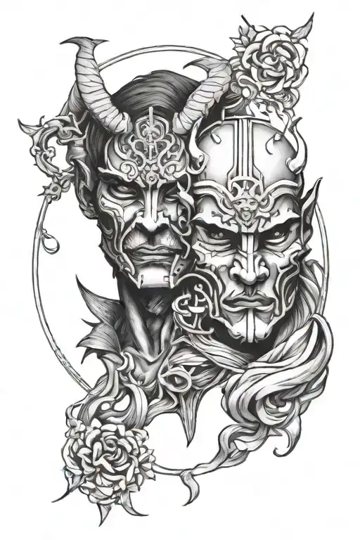 gemini sign with oni mask tattoo design idea