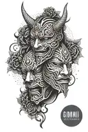 gemini and oni mask tattoo design idea