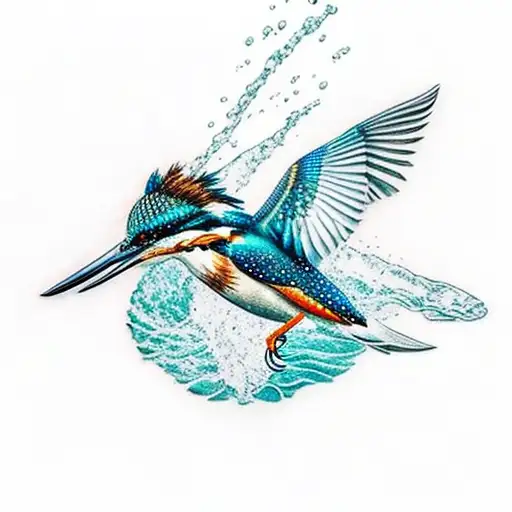 A majestic kingfisher on its way to dive into the water carrying a screwdriver. tattoo design idea
