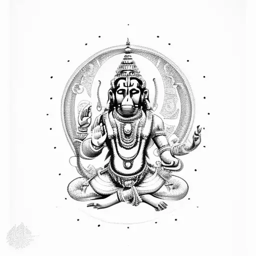 A detailed sketch of Hanuman, the Hindu God, with intricate dotwork patterns surrounding him tattoo design idea