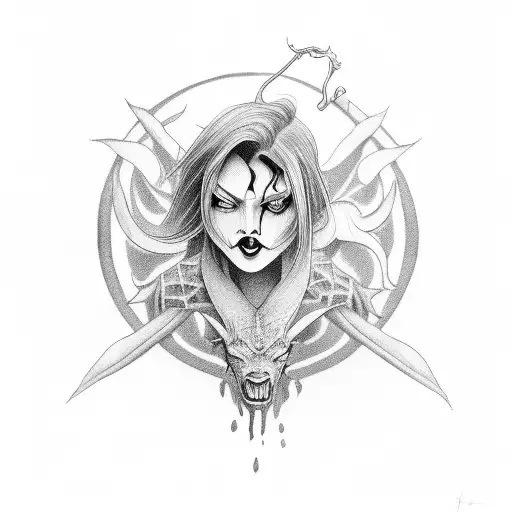 A mesmerizing black and grey tattoo of a devil woman enjoying a drink tattoo design idea