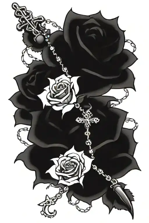 roses and rosary wrapped with the word family   tattoo design idea