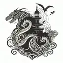Golden Dragon, Lighthouse on a Turtle island with a octopus wrapped arround, swallows, and others nautic achievments tattoo design idea