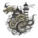 Golden Dragon, Lighthouse on a Turtle island with a octopus wrapped arround, swallows, and others nautic achievments tattoo design idea