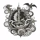 Golden Dragon, Lighthouse on a Turtle island with a octopus wrapped arround, swallows, and others nautic achievments tattoo design idea