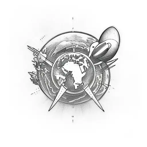 Spaceship leaving earth and going to another planet tattoo design idea