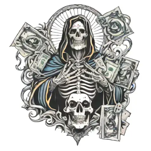 santa muerte holding a Draco with a stack of cash  tattoo design idea