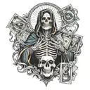 santa muerte holding a Draco with a stack of cash  tattoo design idea