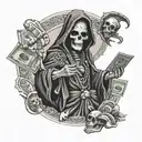 santa muerte holding a Draco with a stack of cash  tattoo design idea