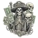 santa muerte holding a Draco with a stack of cash  tattoo design idea