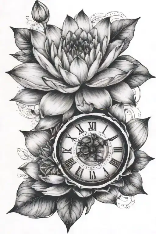 waterlily with clock tattoo design idea