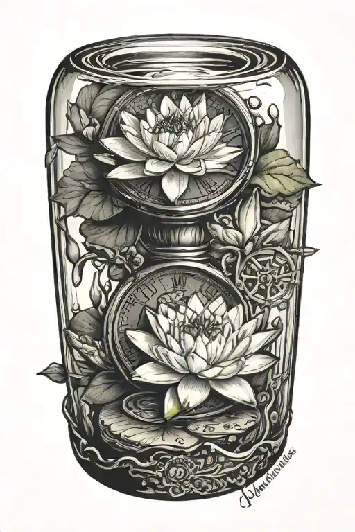 water lily on top of hourglass mechanical tattoo design idea