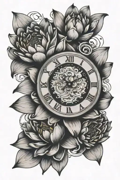 waterlily with clock tattoo design idea
