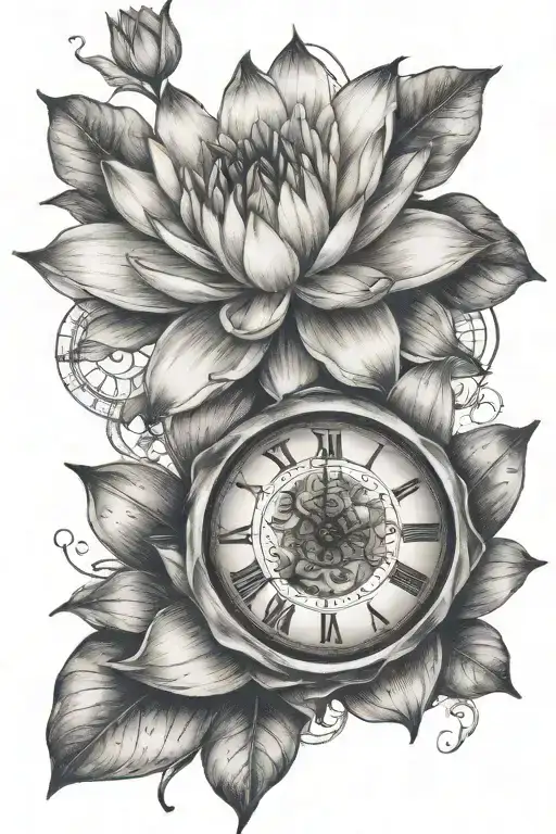 waterlily with clock tattoo design idea