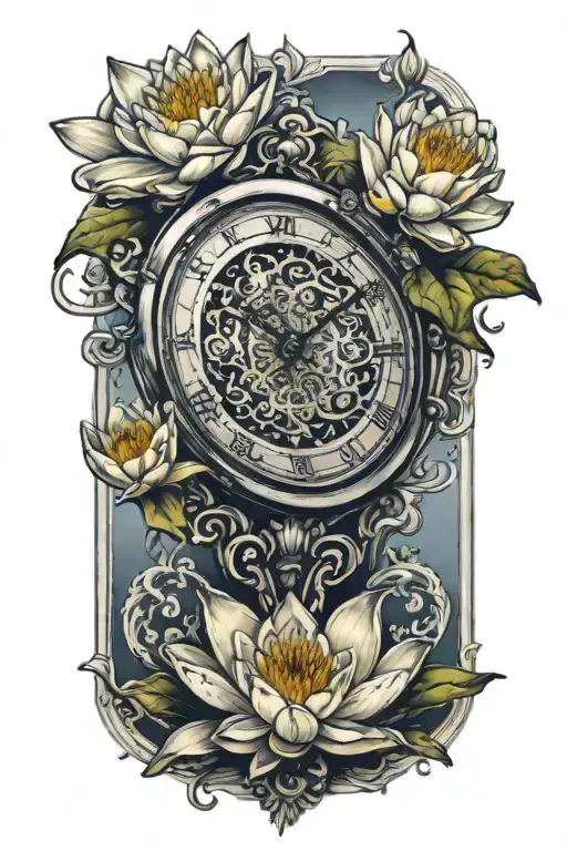 water lily on top of hourglass with clock tattoo design idea