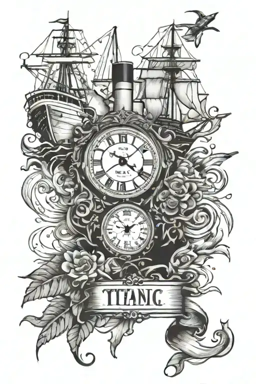 Generate me a tattoo with the Titanic, the route, and the time when it sank tattoo design idea