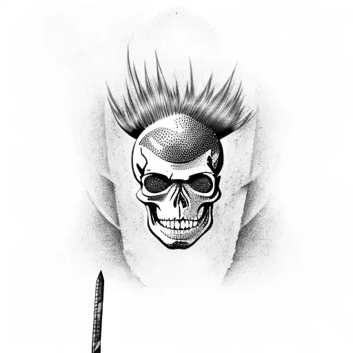 A skeleton with a mohawk, in a leather jacket with the symbol of anarchy, smokes a cigarette. tattoo design idea