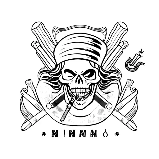 A skeleton with a mohawk, in a leather jacket with the symbol of anarchy, smokes a cigarette. tattoo design idea