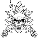 A skeleton with a mohawk, in a leather jacket with the symbol of anarchy, smokes a cigarette. tattoo design idea