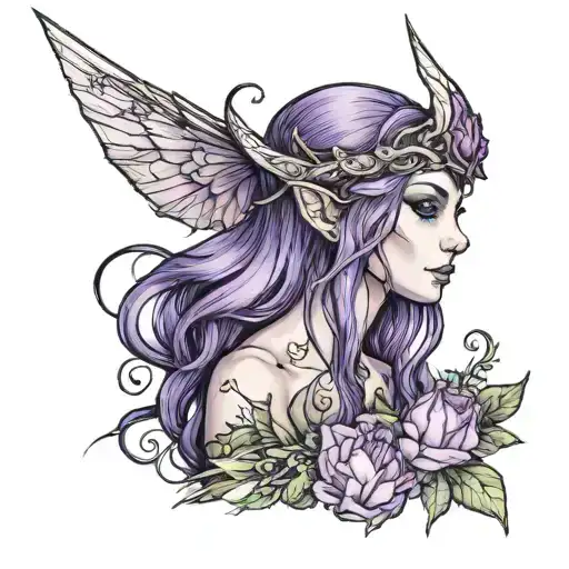 elven girl with purple hair tattoo design idea