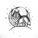 A serene night scene of a lone wolf howling at the moon in a Japanese garden tattoo design idea