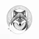 A serene night scene of a lone wolf howling at the moon in a Japanese garden tattoo design idea