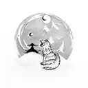 A serene night scene of a lone wolf howling at the moon in a Japanese garden tattoo design idea