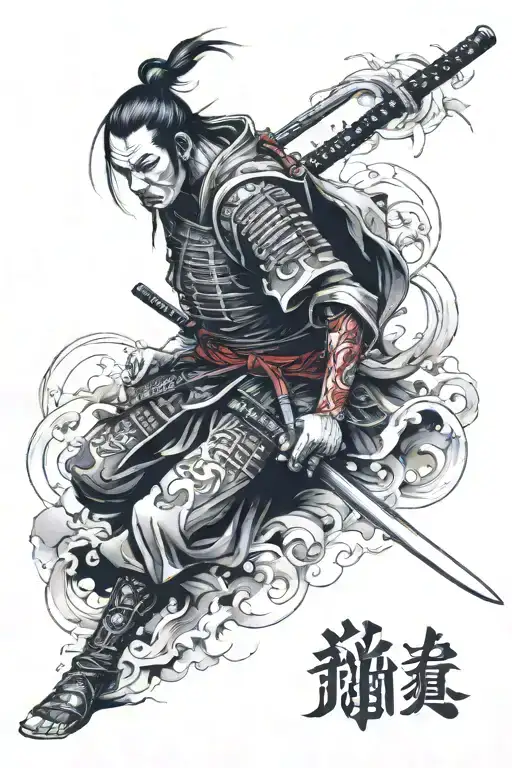 Create a image in surrealism style tattoo of a surreal samurai warrior with sword made of the blood of their enemies, sy tattoo design idea
