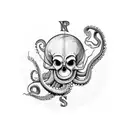 right arm sleeve with octopus compass skull time ocean nature Pirat realistic black and white  tattoo design idea