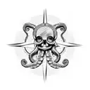 right arm sleeve with octopus compass skull time ocean nature Pirat realistic black and white  tattoo design idea