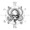 right arm sleeve with octopus compass skull time ocean nature Pirat realistic black and white  tattoo design idea