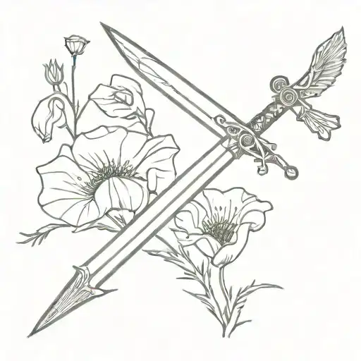 Sword with delicate wings, with the California poppy wrapped around it. Initials R.B.B. on the sword. tattoo design idea